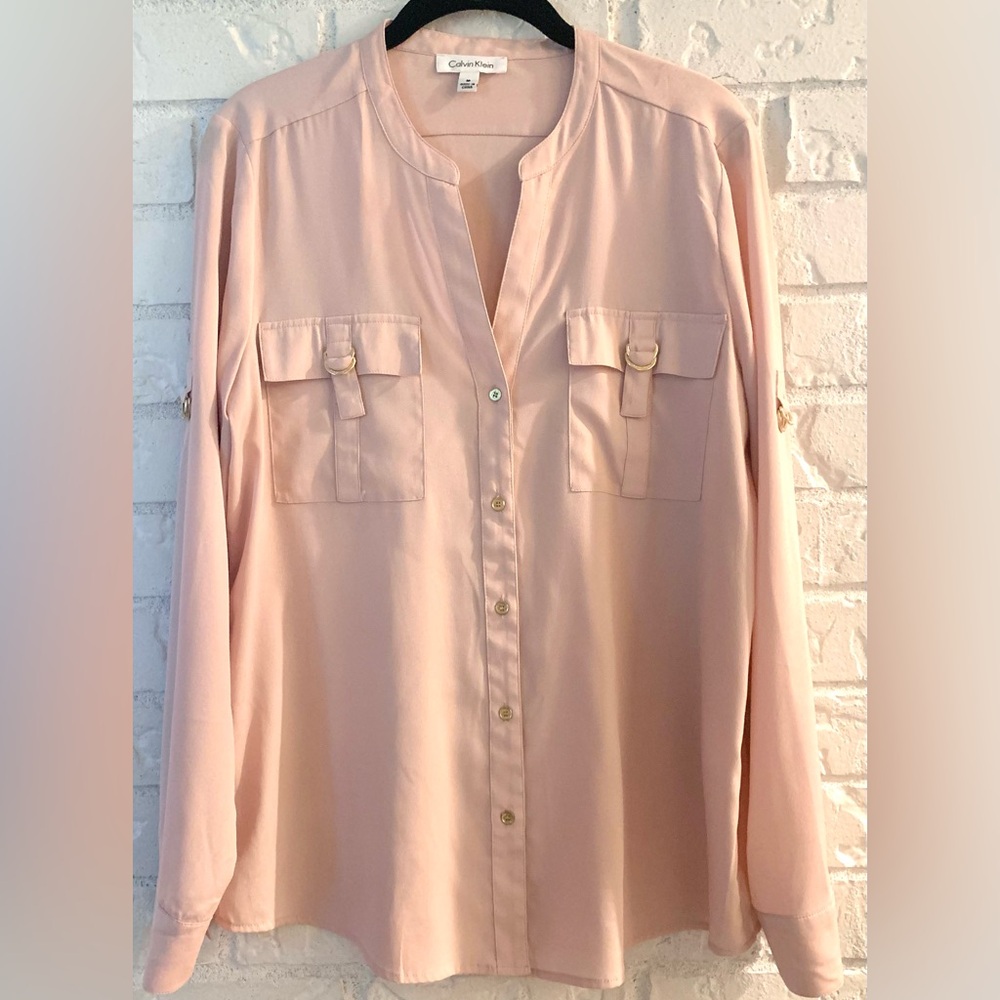 Calvin Klein Women's Blush Pink Long-Sleeve Button Front Utility Blouse Size M